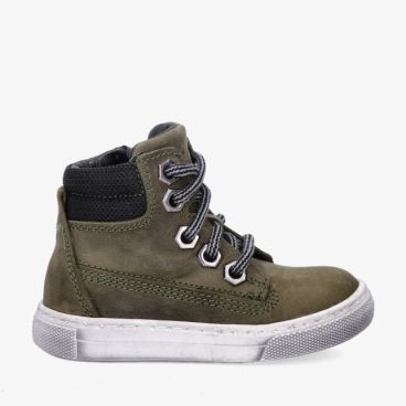 Kakikleurige nubuck sneaker Track Style 326860 567-W5 met hoge schacht grijszwarte veters metalen haken en witte zool