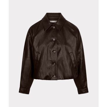 Bruine EsQualo F26.11503 775 jack in glanzende leerlook met kraag knoopsluiting raglanmouwen en schuine steekzakken