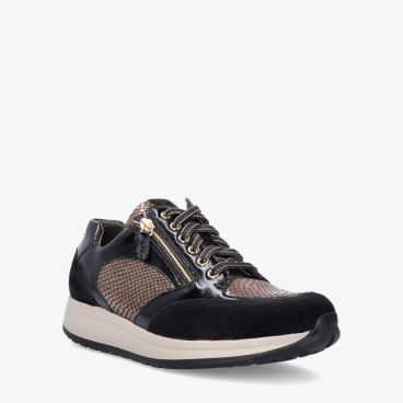 Zwarte Durea DRY MAXX 6322 605 2273 sneaker van leren combinatie met slangenstructuur goudkleurige rits en beige zool
