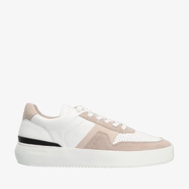 Witte leren Blackstone DG513 lage sneaker met beige suède panelen geperforeerde neus en dikke zool met zwart hielaccent