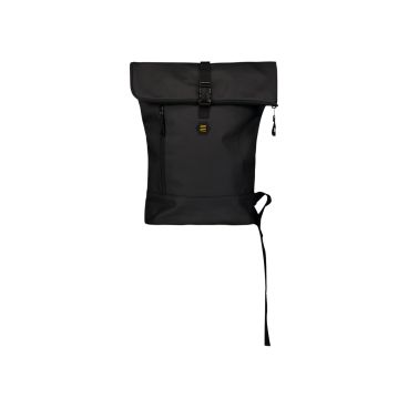 Zwarte No Excess BACKPACK 020 rugzak met brede flap en gesp voorvak met rits en geel logo in minimalistische stijl