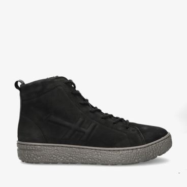 Zwarte nubuck hoge sneaker Hartjes Phil 172.1422/21 01.01 met veters grijze reliëfzool en subtiel H detail op de zijkant