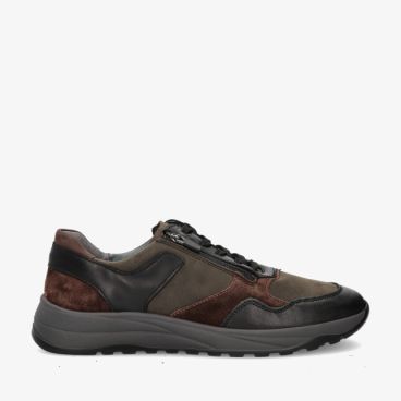 Zwarte Waldlaufer K-JOHN 662001 411 673 sneaker in leren combi met suède panelen veters en zijrits op grijze zool
