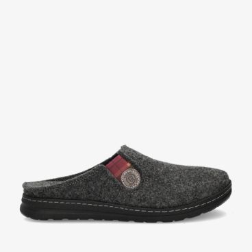 Grijze vilten Rohde 7142 82 pantoffel met open hiel zwarte zool contrasterende stiksels en rood ruitdetail bij de wreef