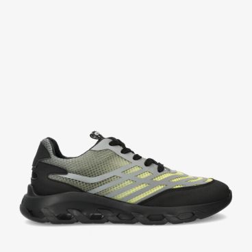 Leren Red Rag 15823 329 sneaker met gele accenten grijze mesh zwarte veters en chunky zwarte zool