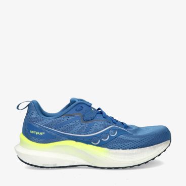 Blauwe Saucony Tempus S20973 285 hardloopschoen met ademend mesh en dikke witte zool met limoengele accentrand