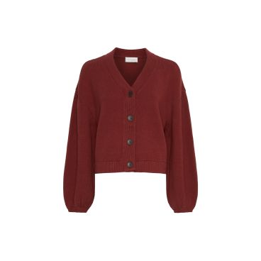 Rode MSCH Copenhagen vest model 19183 in syrah tint met V-hals grote knopen korte fit geribde boorden en ballonmouwen