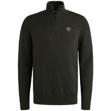 Zwarte PME Legend trui met halve rits en opstaande kraag model PKW2510301 999 met subtiele textuur en geel borstlogo