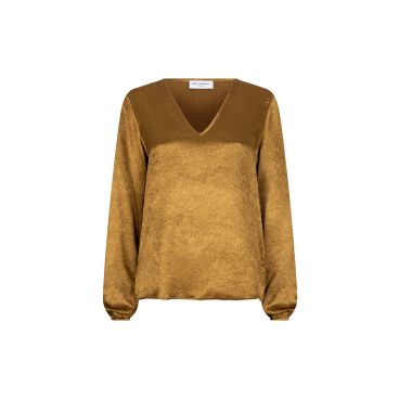 Okerkleurige glanzende blouse van Lofty Manner model QI11.1 450 met V-hals lange mouwen en elastische manchetten