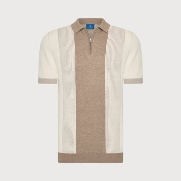 Beige gebreid poloshirt van Blue Industry in tint Stone model KBIS26-M15 met halve rits ribbanen en korte mouwen