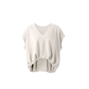 Aimee The Label KatjaS6 sweater in zacht offwhite wit met V-hals korte mouwen en geplooide cropped zoom