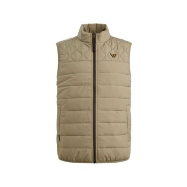 Taupekleurig gewatteerd bodywarmer van PME Legend PBW2602100 6485 met opstaande kraag rits en golvend stiksel op schouders