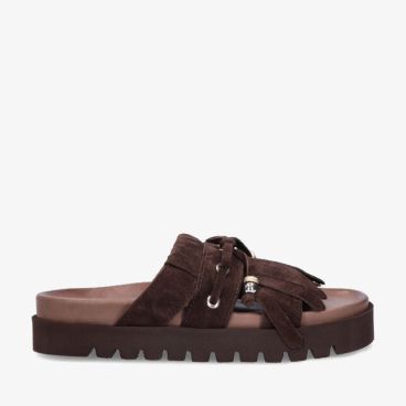 Bruine leren Via Vai Rae Laila 62356 01-318 slipper met suède look franjes en veterdetail op wreef en dikke profielzool