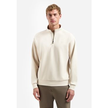 Beige No Excess sweater met kwartrits opstaande kraag en ribboorden model 31100103 045 subtiel borstlogo
