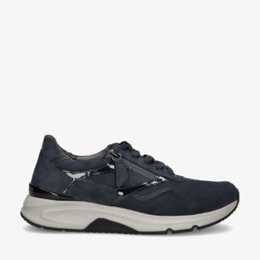 Blauwe Rolling Soft 0103.01 003 sneaker in leren combinatie met zijrits panelen en dikke lichtgrijze zool