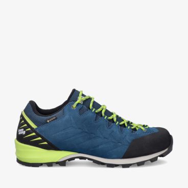 Blauwe suède Hanwag MAKRA PRO LOW GTX H100600 597666 lage wandelschoen met neongele veters zwarte stootrand en grove zool