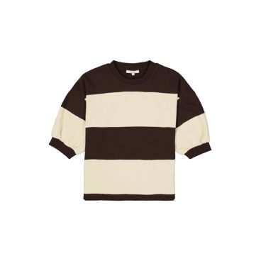 Garcia top bruin en ecru gestreept model T260261 4478 met pofmouwen ronde hals en zachte jersey look
