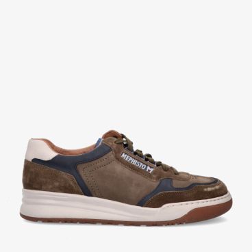 Olijfgroene Mephisto Norwin model 3619 25566 6145 1580 lage sneaker van nubuck met donkerblauwe details en witte dikke zool