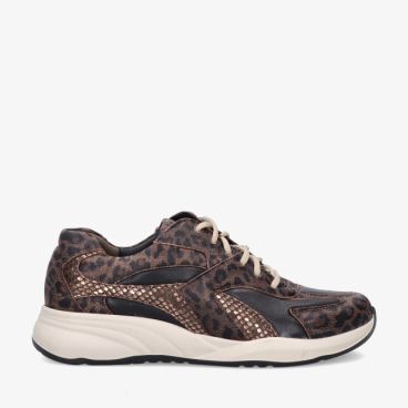 Bruine leren Durea Flex 6316 605 2327 sneaker met panterprint glanzende slangenaccenten beige veters en dikke offwhite zool