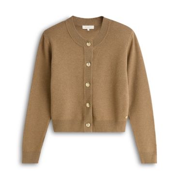 Taupekleurig Josh V vest FLISS JV-2607-0206 603 met ronde hals gouden knopen fijngebreid en ribboorden