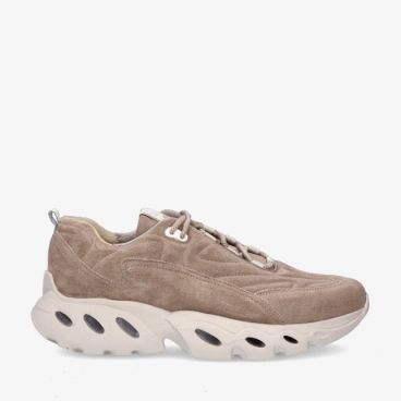 Beige suède Durea Flowmotion 6311 605 2383 sneaker met dikke zool met ovale uitsparingen en vetersluiting