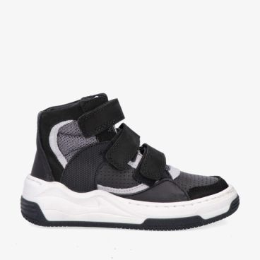 Zwarte Track Style 326874 589-W5 hoge sneaker in leren combi met drie klittenbandriemen grijs mesh en witte zool