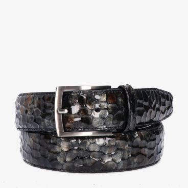 Oranje riem van Floris van Bommel DE BELTER CFM-10096 86-01 met glanzend leer geschubde textuur en zilverkleurige gesp