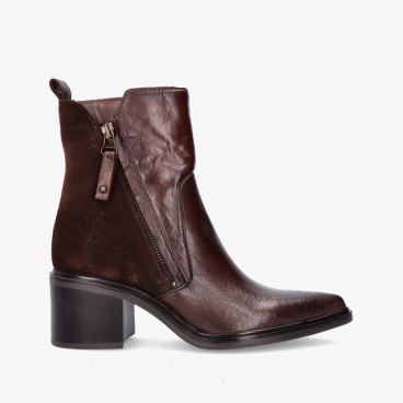 Bruine leren MJUS L39214 enkellaars in chocoladetint met spitse neus rits zijkant blokhak en suède hiel