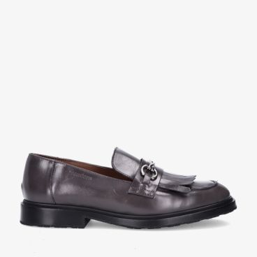 Grijze leren loafer Wonders B-9171 Oregonlux Grey met kiltie franje zilverkleurige bit en glanzend bovenwerk zwarte zool