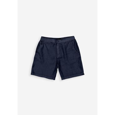 Blauwe short van Butcher of Blue Loner M2611082 890 met elastische taille knoopsluiting steekzakken en subtiele linnenlook