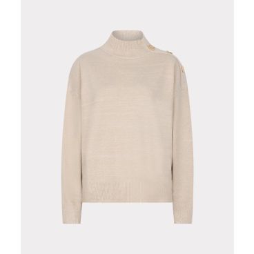 Beige EsQualo trui model F26.02513 170 met opstaande kraag geribde boorden en gouden knopen op de schouder