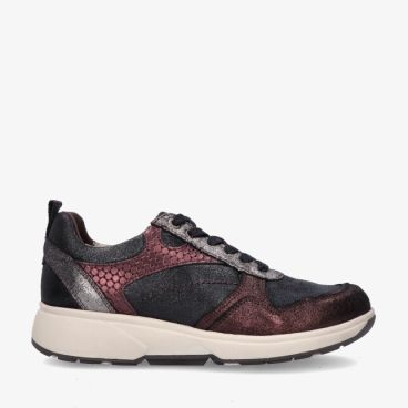 Bordeauxrode Xsensible Pula 30230.3 748 sneaker in leercombinatie met glans slangenstructuur en beige chunky zool