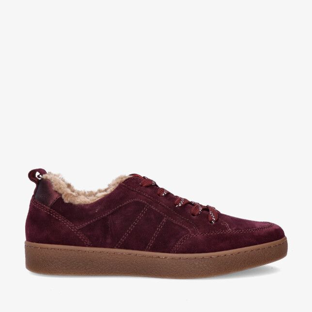 Bordeauxrode suède Gabor 6024.01 005 sneaker met veters warme teddyvoering en bruine rubberzool