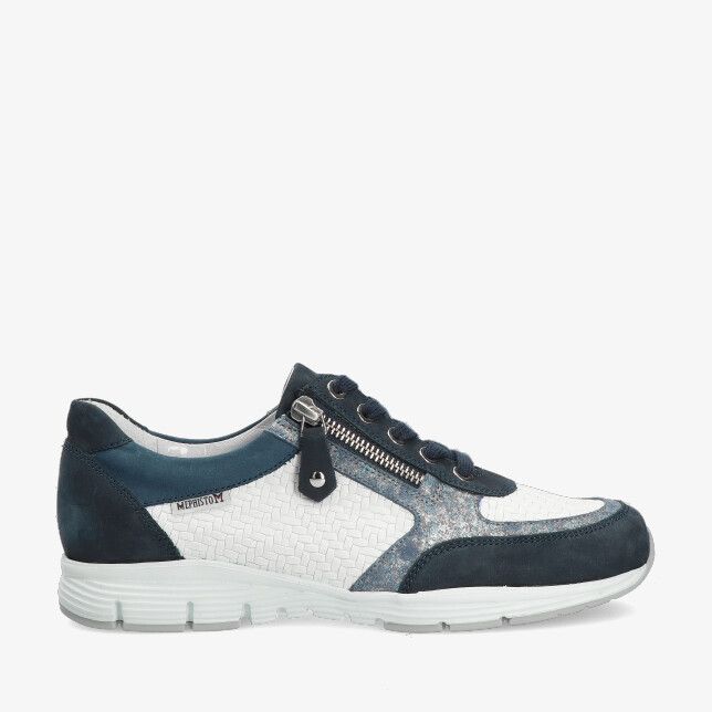 Blauwe Mephisto Ylona 6995 45730 32404 6904 sneaker in leercombi met witte geweven inzet veters en zijrits en lichte zool