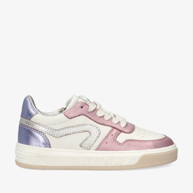 Roze HIP Shoestyle H1618 82C0 lage sneaker in leren combinatie met metallic glans zilveren golfdetail lila hiel en dikke zool