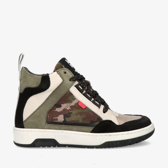 Taupekleurige leren high top sneaker Lef LF20251070 1606 met camouflagepaneel zwarte suède details en witte zool