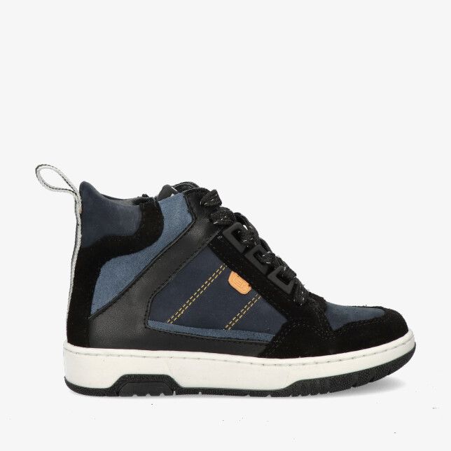Blauwe leren Lef sneaker model LF20251070 5398 met hoge schacht suède en gladde panelen gele stiksels witte zool