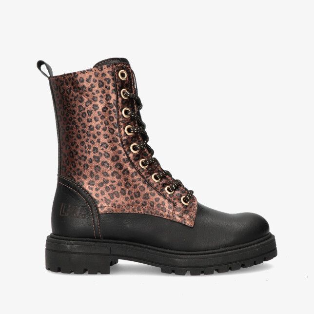 Zwarte leren veterboot van Lef model LF20251670 9836 met panterprint zijkant en grove zool