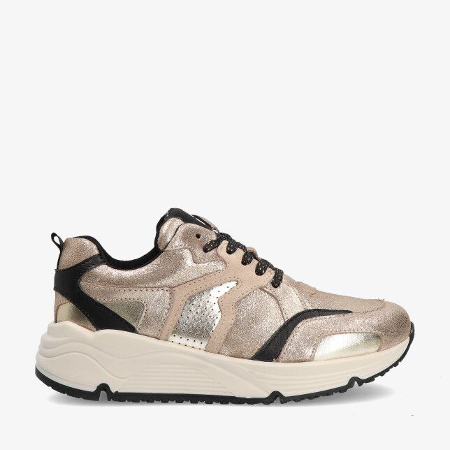 Gouden sneaker van metallic leer van Lef model LF20251970 9306 met chunky crèmekleurige zool en zwarte accenten