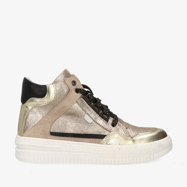 Gouden metallic leren hoge sneaker Lef model LF20252070 9306 met glitterlook zwarte veters zwarte kraag en witte zool