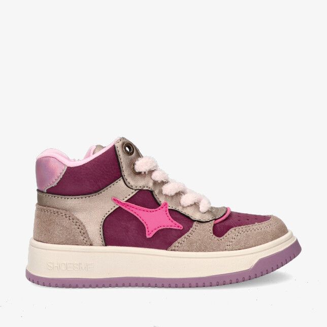 Shoesme NEW OUTSOLE NO25W006 F gouden leren combi hoge sneaker met suède roze sterdetail en paarse zool