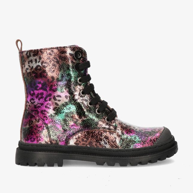 Leren Shoesme veterboot NT25W007 B in multicolour met glanzende dierenprint zwarte stootneus en profielzool