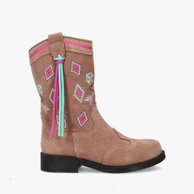 Shoesme NW25W009 A beige suède cowboylaars met turquoise en roze borduursels en kwastjes aan de schacht
