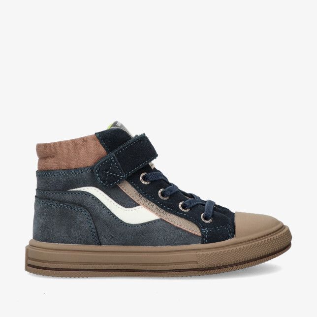 Blauwe Shoesme OMERA NEW ON24W402 B sneaker met suèdelook halfhoog model veters en klittenband witte zijstreep rubberneus