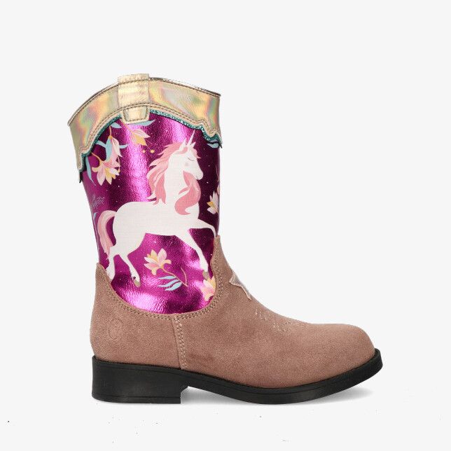 Roze Shoesme NW24W010 A cowboylaars in leercombi met suède voet glanzende schacht met eenhoorn en bloemen