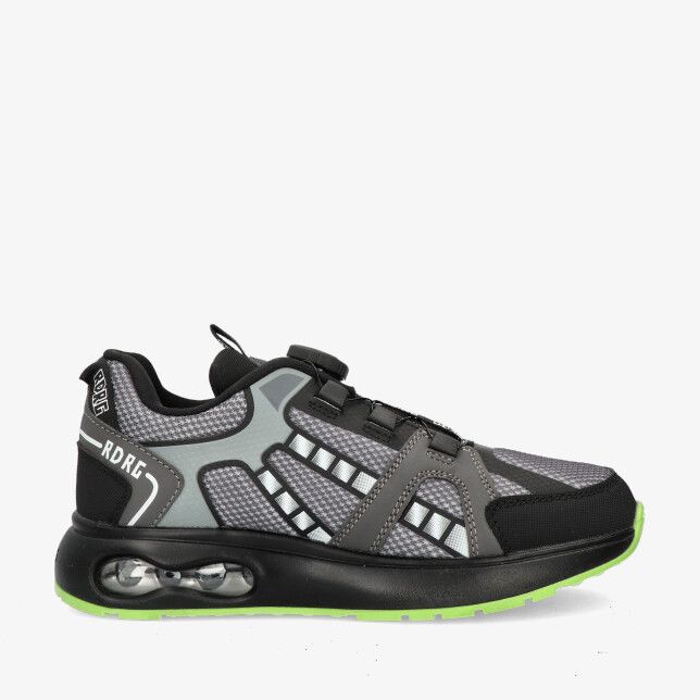Grijze Red Rag 15843 899 sneaker van leren combi en mesh met zwarte overlays airzool en neongroene zoolrand