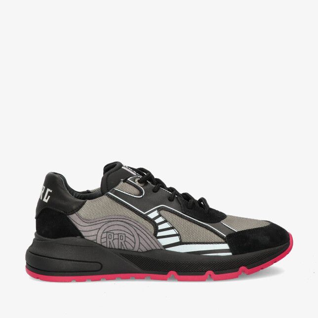 Zwarte leren Red Rag 13941 999 sneaker met grijze mesh suède details witte accenten en felroze zool