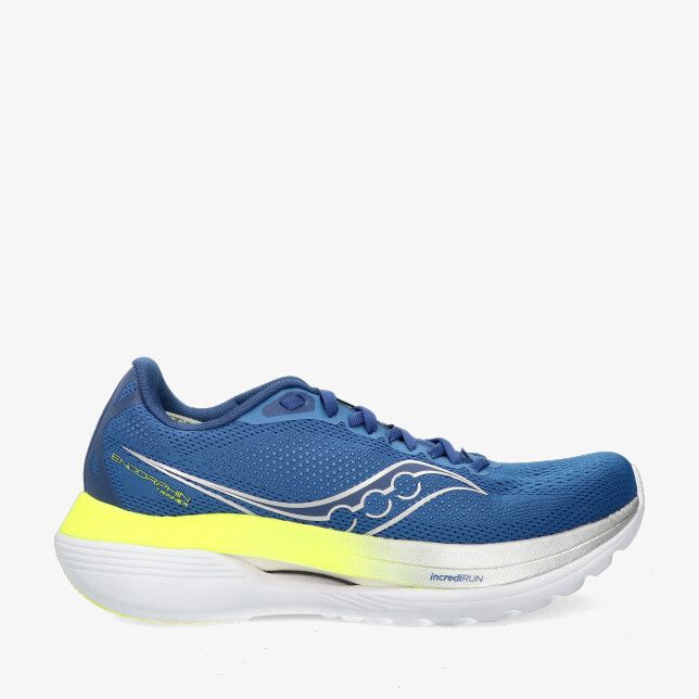 Blauwe Saucony Endorphin S20996 201 hardloopschoen met ademend mesh witte zool met felgeel accent en zilveren logo
