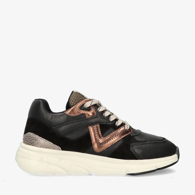 Zwarte leren Via Vai Vic Kyro 62184 04-900 sneaker met bronzen details dikke witte zool en beige veters