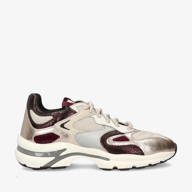 Ecru leren combi sneaker Via Vai Vesper 62215 04-946 met bordeaux accenten metallic glans en chunky zool